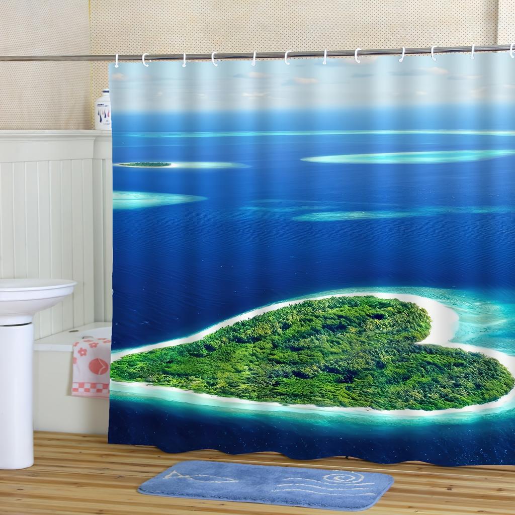 Heart-Shaped Island Seascape Shower Curtain - Polyester, Artistic Digital Print, Modern Bathroom Decor, Underwater Scene