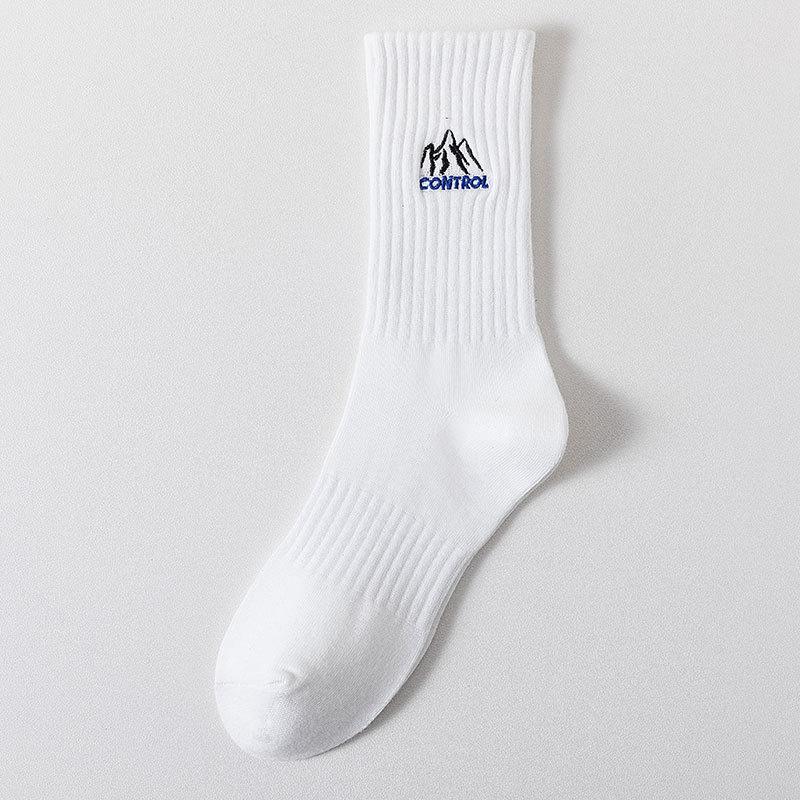 Men's Mid-calf Socks for Autumn and Winter, Solid-colored Cotton Socks, Snow Mountain Embroidery, Versatile and Trendy Socks for Spring and Summer