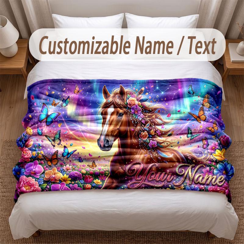 Horse Theme Soft Blanket Personalized Custom Name Text Print Warm Blanket Home Sofa Bedroom Decor