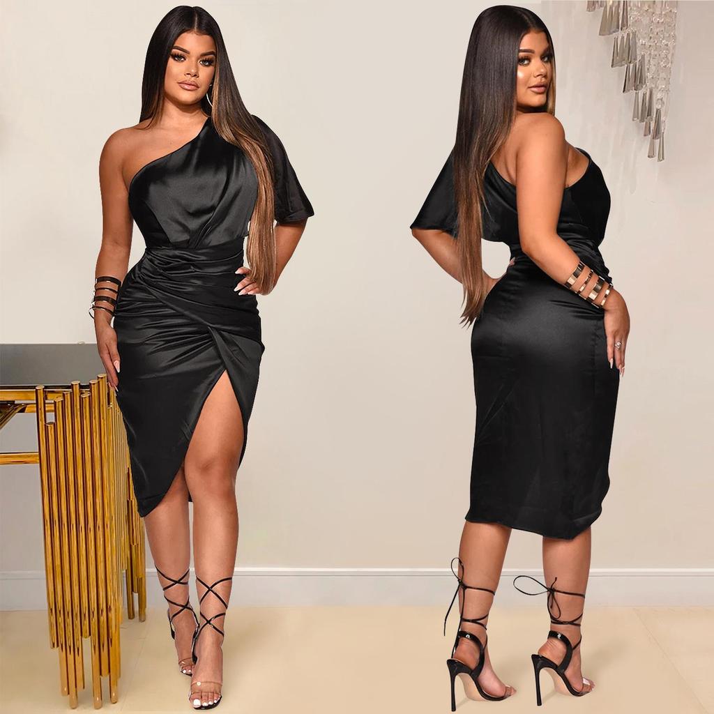 One-Shoulder Slit Midi Dress - Women's Fashion Solid Color, Europe & America Style