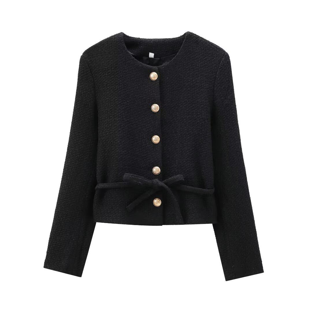

Women s Cross-Border Woven Jacket with Belt - European & American Style Medium чёрный