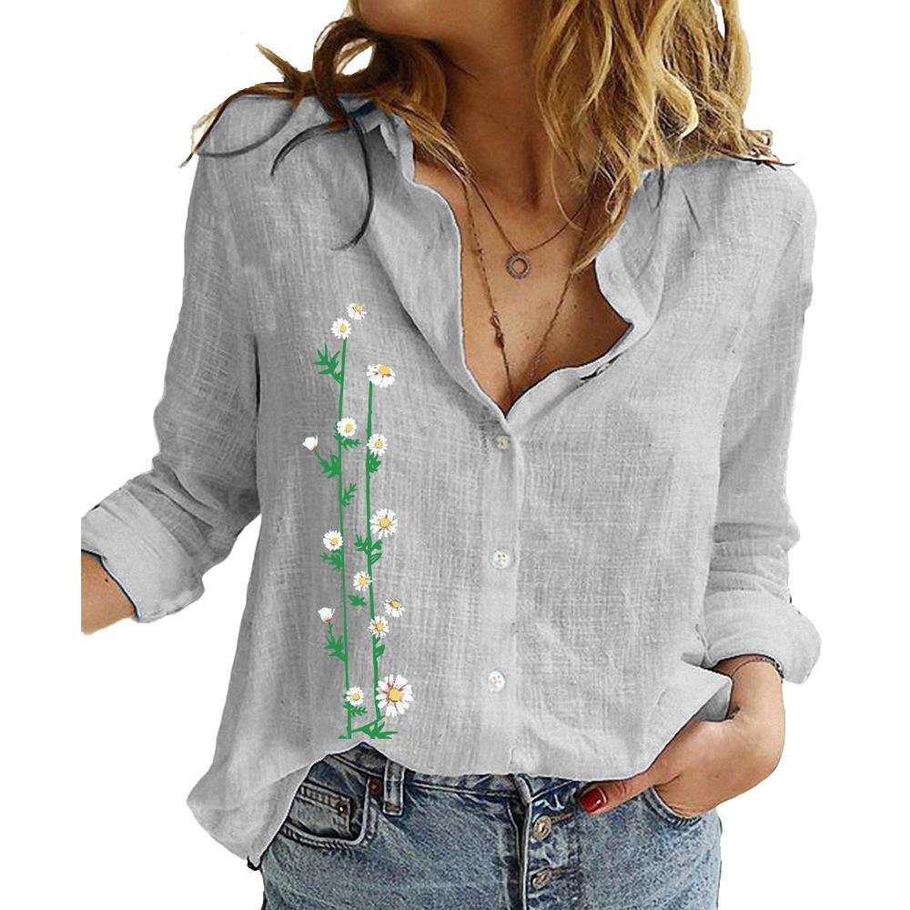 Women Fashion Cotton Linen Shirt Summer&fall Long Sleeve Top Ladies Floral Printed Blouses