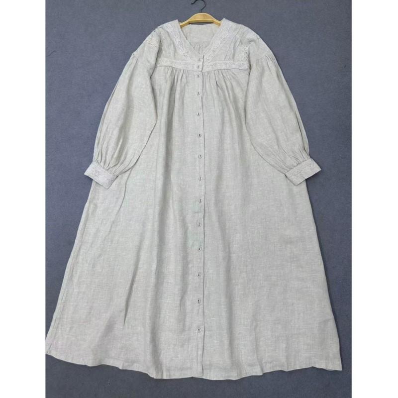 

Johnature Autumn Women V-neck French Dress Patchwork Lace Stitching Comfortable Loose Vintage Women Dresses One Size бежевый