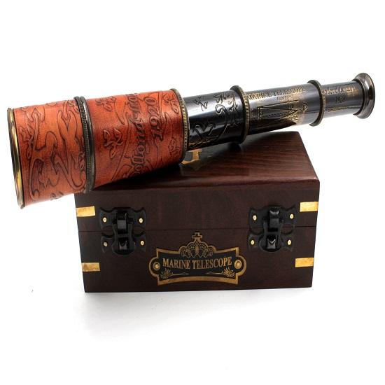 Look Nautical Brass and Leather Functional Telescope Wooden Case Pirate Spyglass, Sailor Gift Ideas, Collectible Home  Office Décor