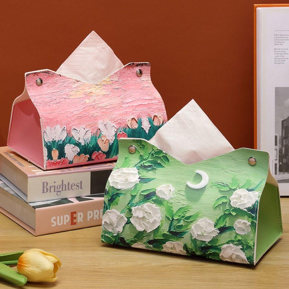 Vintage PU Leather Tissue Box Holder Decorative Durable Paper Tissue Case Oil Painting Car Tissue Box Home Living Room
