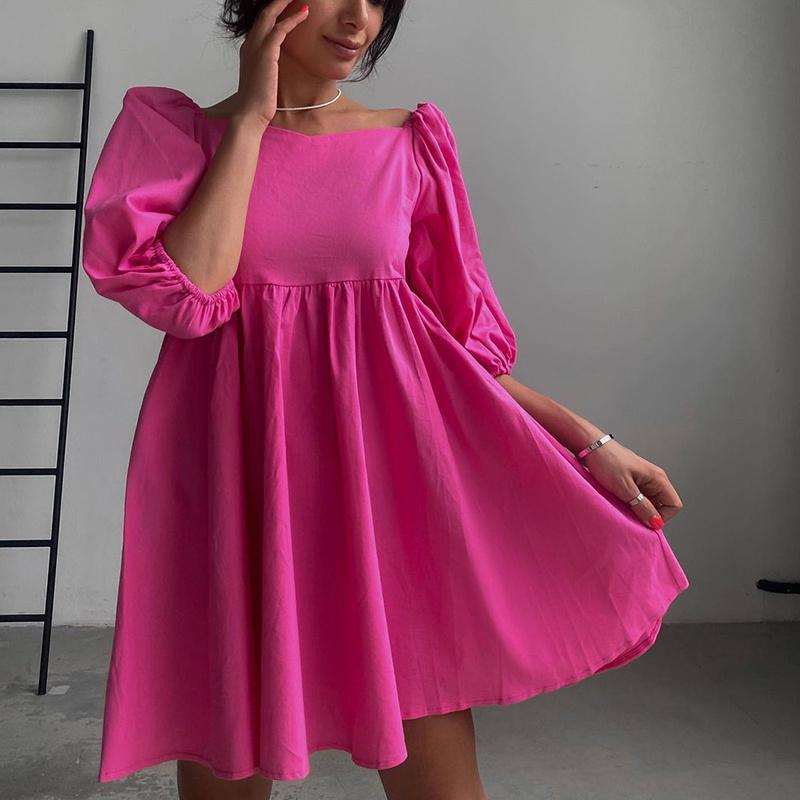 

Hirsionsan летнее однотонное пышное платье с квадратным воротником и короткими рукавами, женские свободные повседневные платья с высокой талией, женская модная простая одежда L розы красного