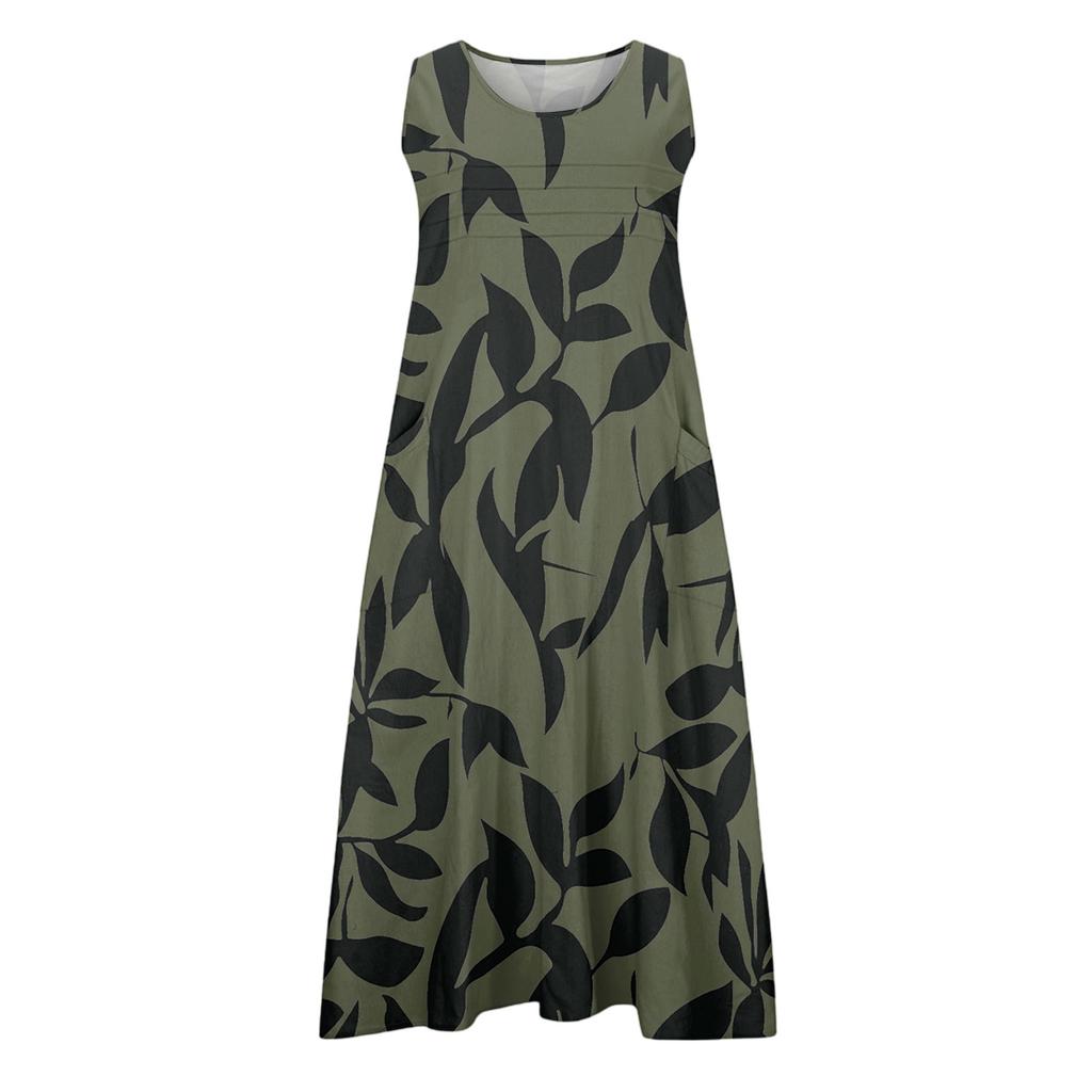 Women's Fashion Round Neck Sleeveless Pleated Beach Dress With Pockets Long Floral Dresses