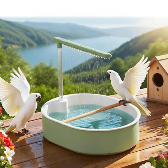 Automatic Bird Bath Parakeet Bath with Circulating Shower System Splash Guard Adjustable Flow Parrot Bath for Cockatiels Macaws Indoor Outdoor Cage