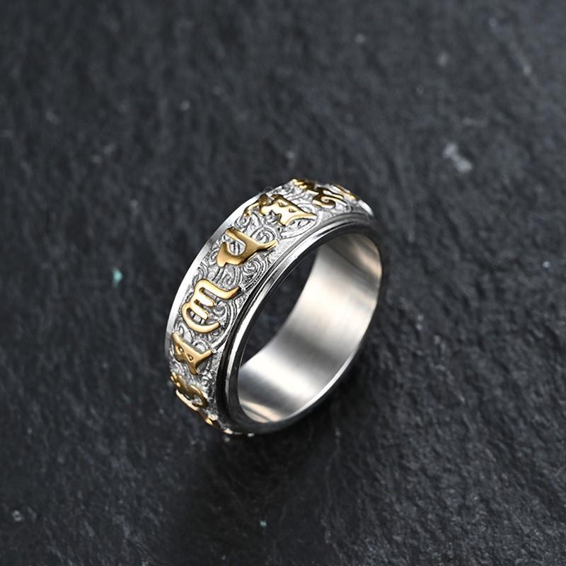 8mm Stainless Steel Tibetan Buddhist Mantra Sanskrit Spinner Ring for Men Women Size 6-12