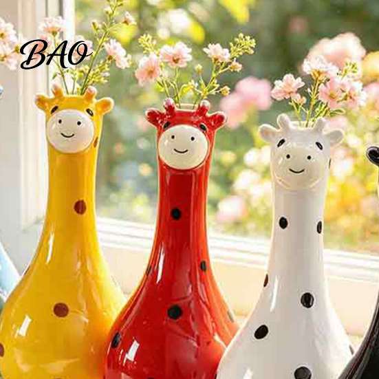 Fun Gift for Housewarming Cute Polka Dot Giraffe Vase, Hand-painted Resin Flower Creative Big-mouthed Small Decorative Vase Bookshelves Holder
