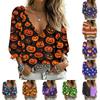 Women's V-Neck Tie Front Ruffle Blouse with Halloween Print Three-Quarter Sleeves