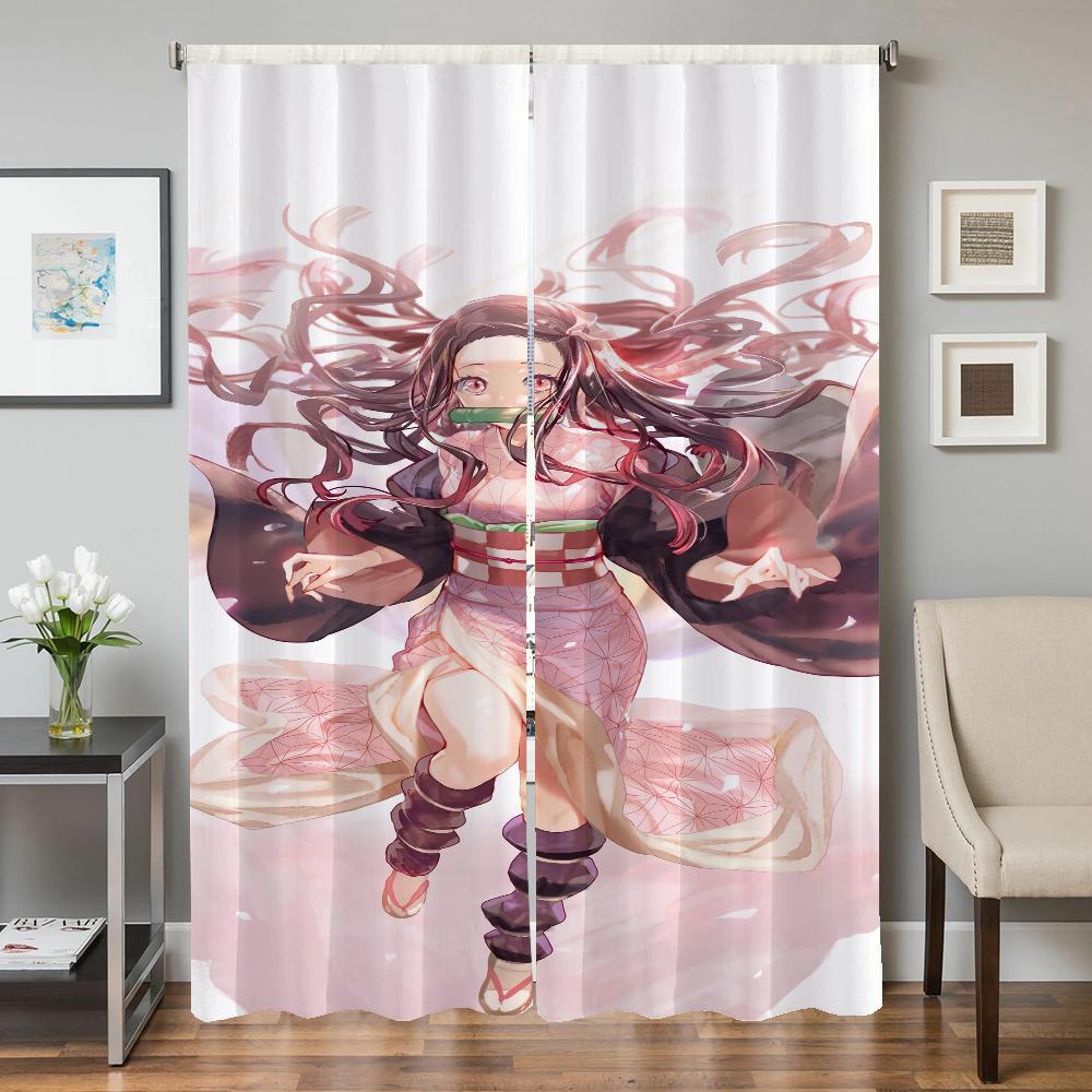 Set Of 2 Window Kitchen Curtains Living Room Door Curtain Demon Slayer Bedroom Decoration Partition Darkening For Area Made Polyester