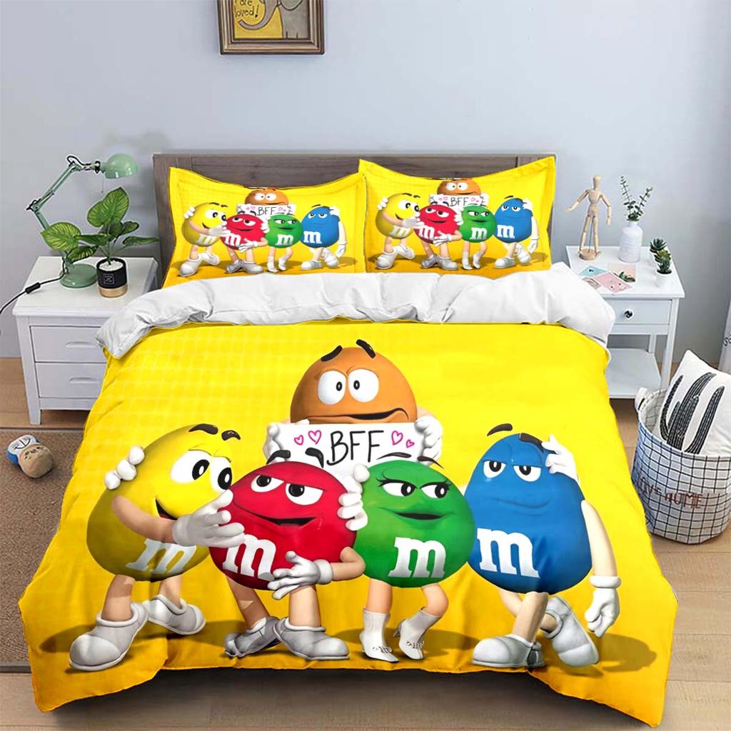 Hot Fashion M&M Chocolate Logo Print Bedding Sets Exquisite Bed Supplies Set Duvet Cover Bed Comforter Set Bedding Set Kids Gift