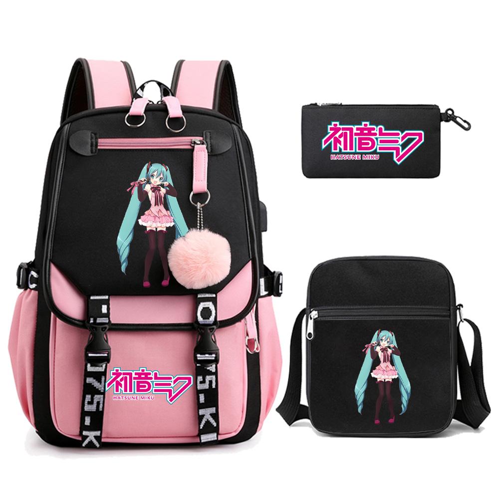 3ks/sada Anime Kreslený Batoh s Potiskem Hatsune Miku s Taškou přes Rameno pro Teenagera Studenta Dívku Chlapce Velkokapacitní Voděodolný Školní Batoh Mochila