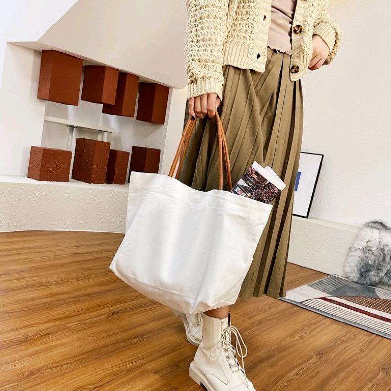 Simple Solid Color Canvas Bag Women'S Literary Shoulder Bag Student Schoolbag Handheld Large Shopping Bag Tote Bag