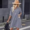 Autumn Striped Long Sleeved Fashionable Button Down V-neck Shirt Dress