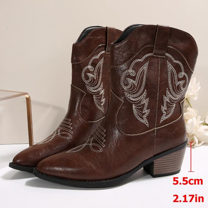 

Ретро вышитые ботинки Мартина женские осенне-зимние новые остроносые квадратный каблук западные ковбойские короткие рыцарские ботинки 39 коричневый