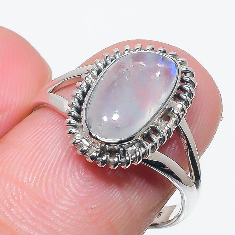 

Natural Rainbow Moonstone Gemstone 925 Solid Sterling Silver Gift Ring S.8 q2E02