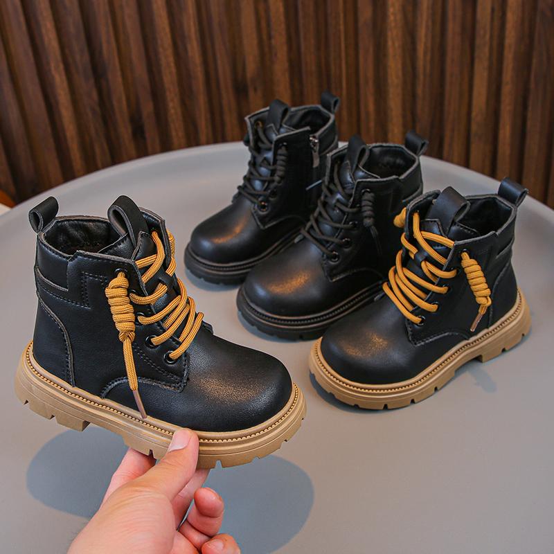 Girls Short Leather Boots Side Zipper Non-slip Kids Thick Warm Plush Fur Boots Children Fashion Boots Anti-Slippery Winter New