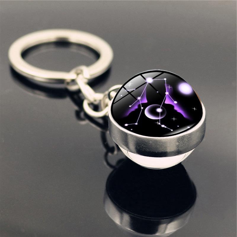 Zodyak Anahtarlık Doğum Günü Hediyesi 12 Takımyıldızları Çift Taraflı Cam Topu Anahtarlık Halka Tutucu