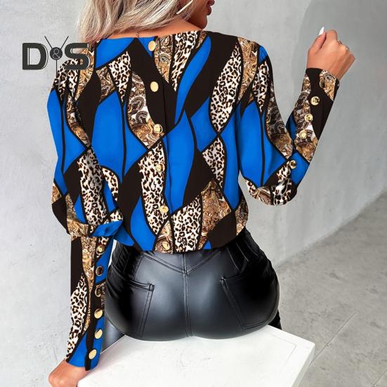 Women Spring Shirt Color Matching Print O Neck Long Sleeve Button Decor Soft Breathable Elegant OL Commute Blouse