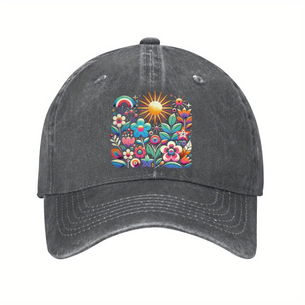 Vibrant Floral Sun Rainbow Baseball Cap Unisex Casual Denim Wash Outdoor Adjustable Adult Dad Hat