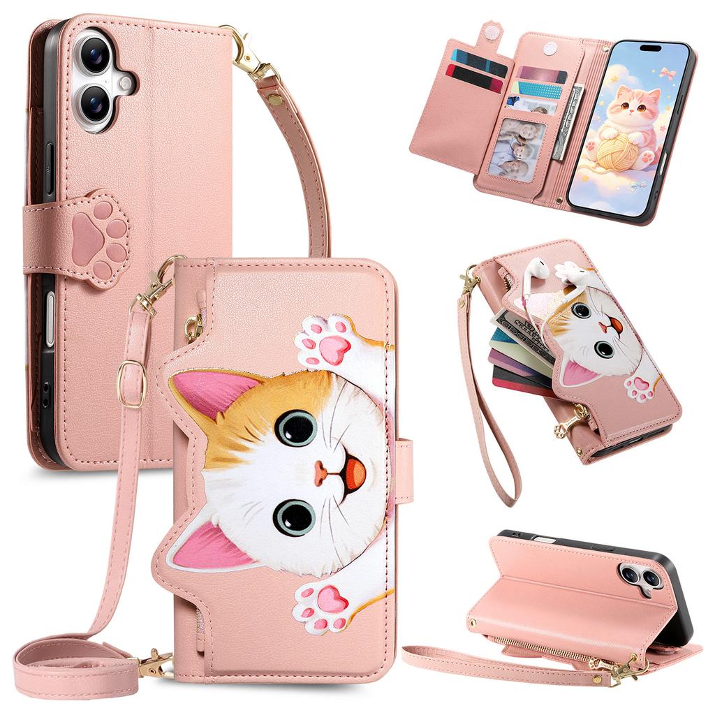 Cute Cat Crossbody long Lanyard Flip Wallet Leather Case for iPhone 17 Pro max 16 15 14 13 12 11 Shockproof Book Stand Cover