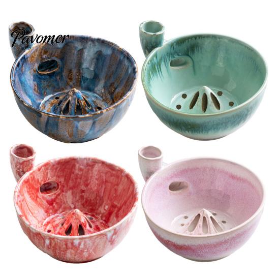 Kitchen Prep Accessory Ceramic Berry Washing Bowl with Drainage Holes, Multifunctional Fruit Handcrafted Kitchenware Colander Basin, Swirl Design