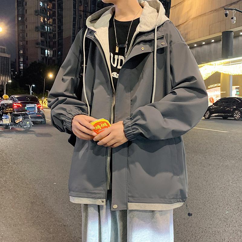 Fake Two Autumn and Winter New Casual Men's Korean Version of Trend Tooling Outdoor Jacket Hooded Coat.