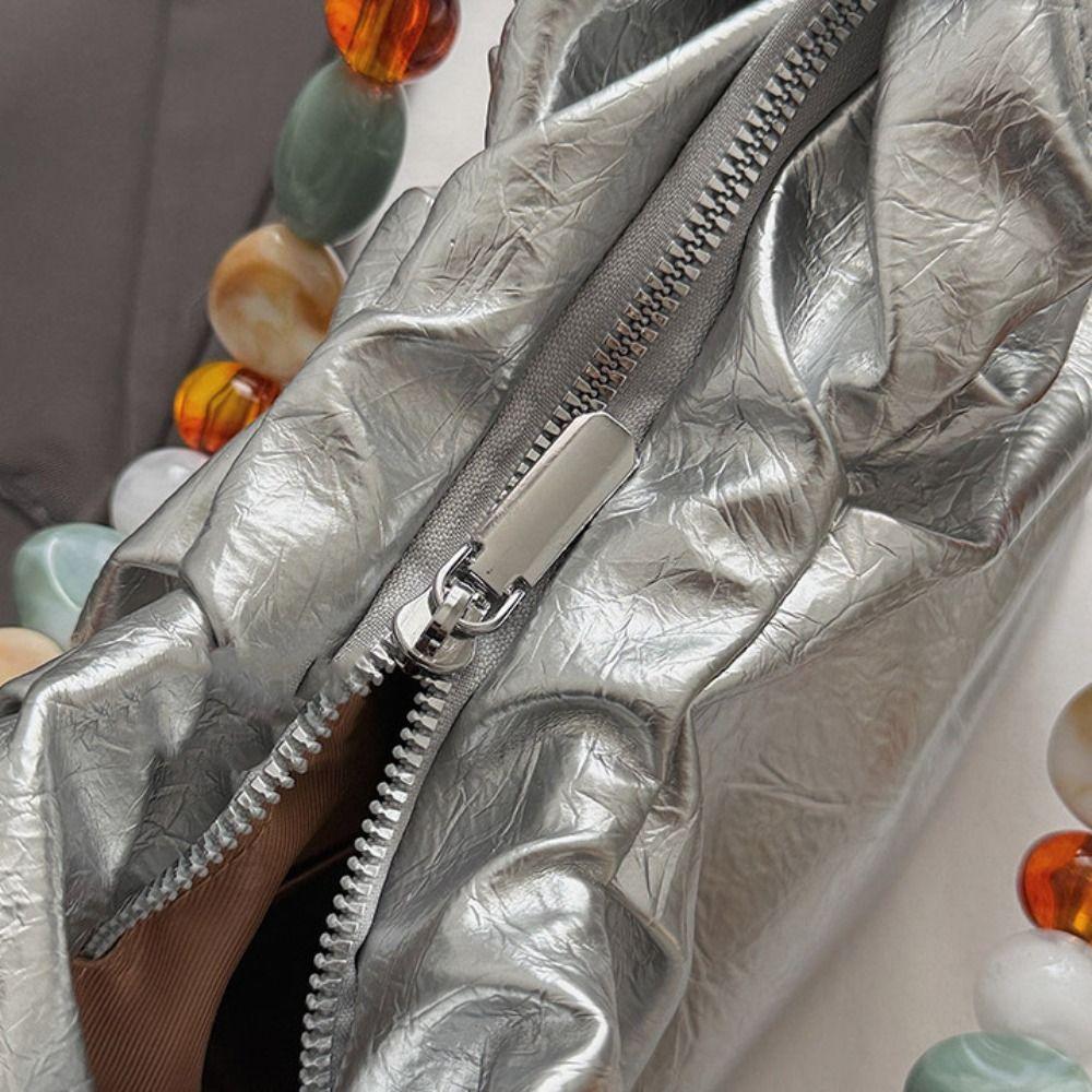 Tote Bag Beading Handle Shoulder Bag Crossbody Bag Women's Shoulder Bag Cute Silver PU Bag  Travel