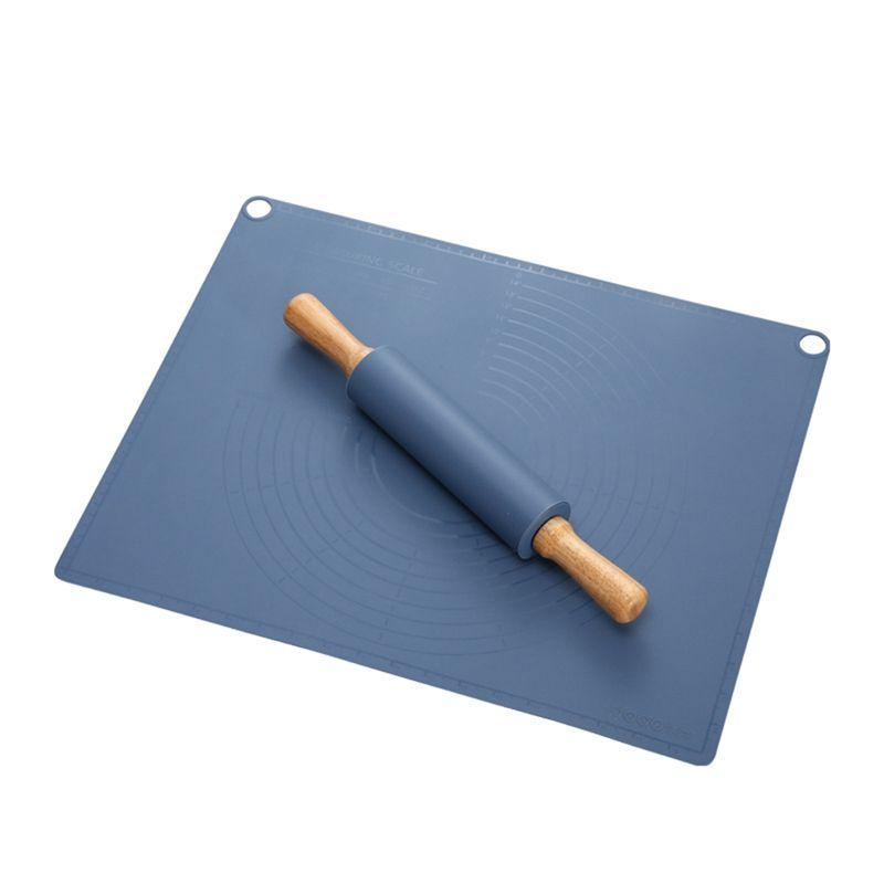 AEE4-Non-Slip Baking Mat, Silicone Baking Mat, 50 X 40 Cm, Baking Accessories, Non-Stick Silicone Baking Mat With Rolling Pin синий