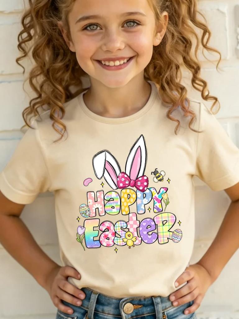 2026 Happy Easter T-Shirt for Girls Bunny Cute Rabbit Ear Letter Graphic Summer Tee Boys Girls Short Sleeve Children's Clothing