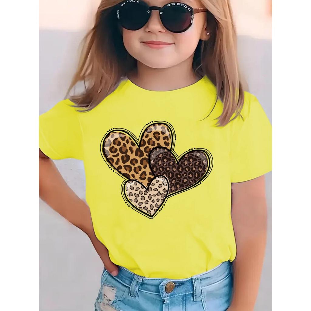 Dětské tričko s potiskem srdíček Leopardí láska Srdce Trendy Roztomilé Letní Top s kulatým výstřihem Módní Grafické tričko s krátkým rukávem Oblečení