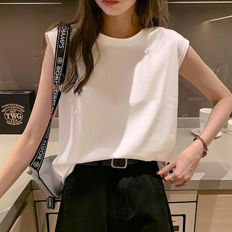 Women's Round Neck Sleeveless Tank Top Loose Fit Casual Polyester Camisole Solid Color Summer Basic Layering Top