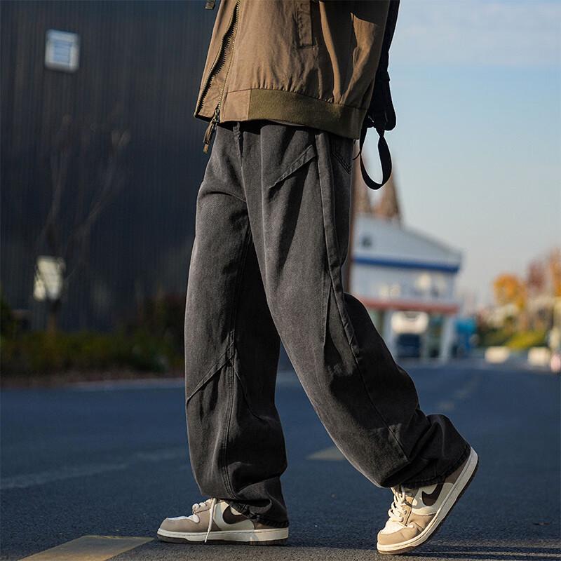 Dingfengbaoluo Men's Retro Loose Straight Pleated Jeans ZW08