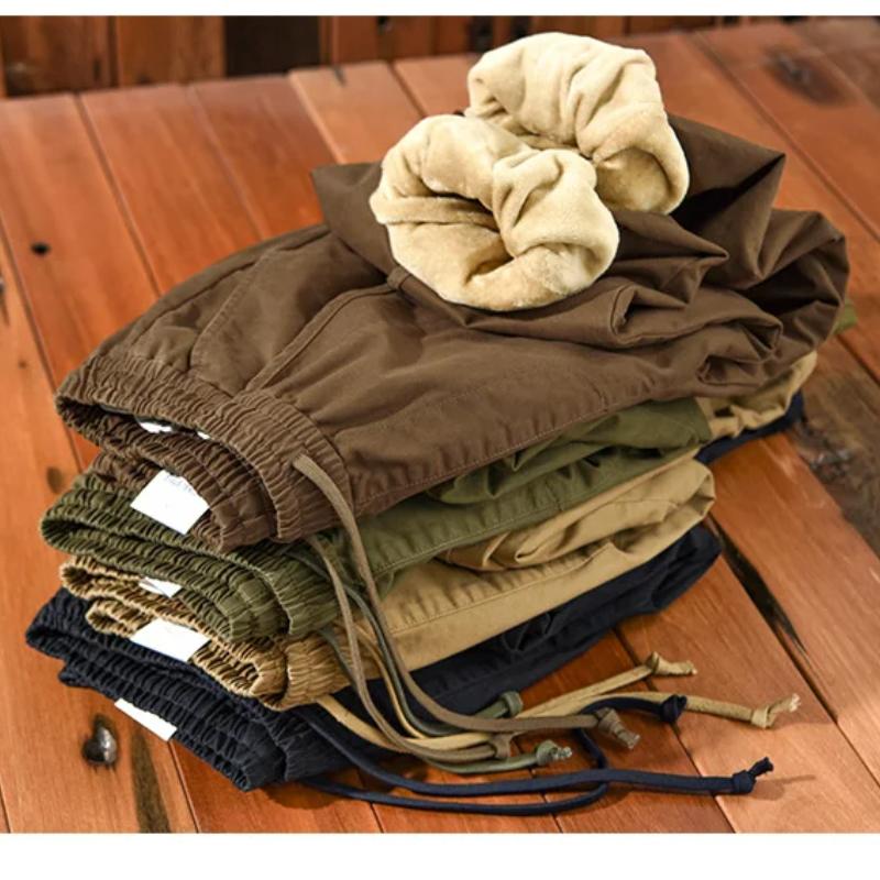 Zimní teplé kalhoty pro muže High Street ležérní khaki cargo kalhoty bavlna stahovací šňůrka elastický pas fleecové volné kalhoty mládežnická móda pánské kalhoty