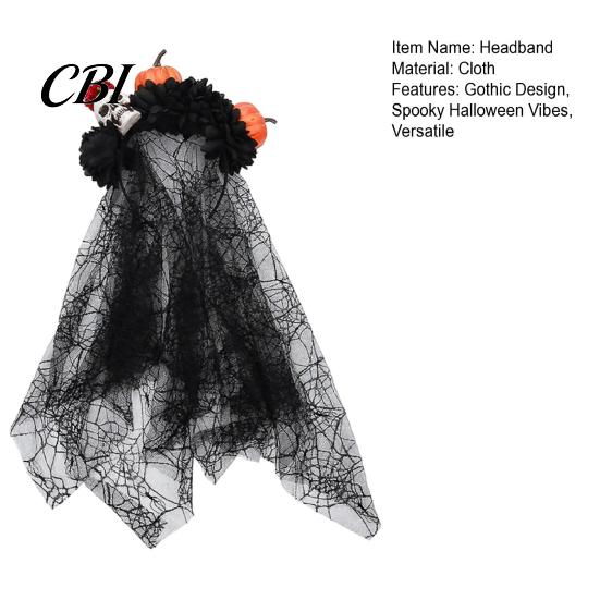 Halloween Costume Headband Pumpkin Skull Floral Headband, Stable Hair Hoop with 3D Artificial Non-irritating Flowers And Spiderweb Black Gauze Gothic