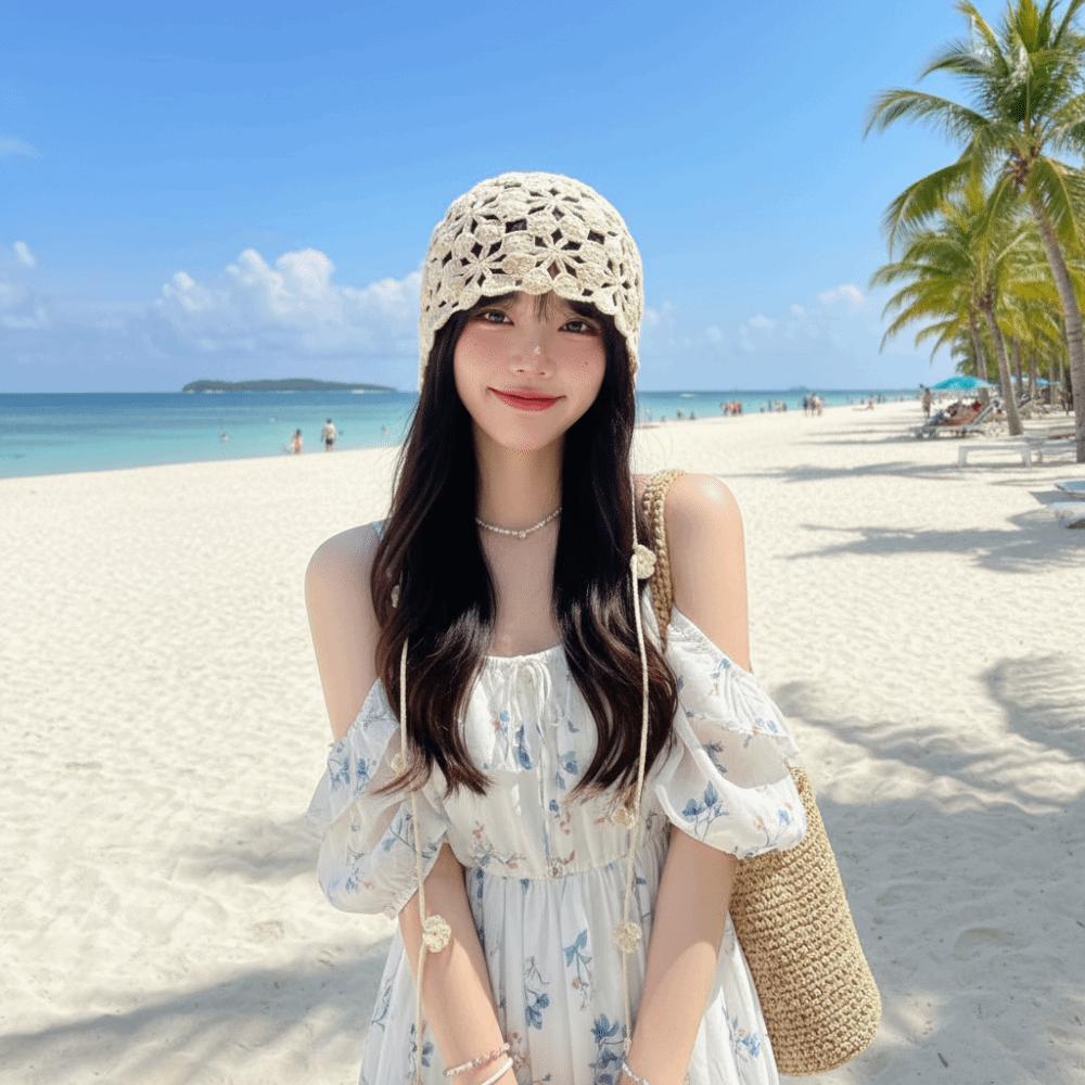 Tassel Hollowed Out Knitted Hat Floral Bohemian Style Beanies Cute Weave Cap Apparel Accessories