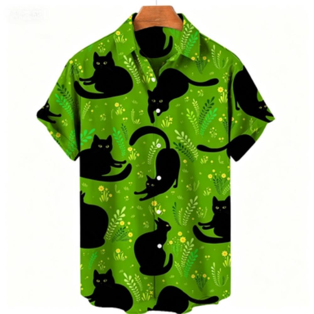 2026 Camicia Hawaiana Stampata Gatti Estiva da Uomo per Vacanza al Mare Top Casual Ampio Quotidiano