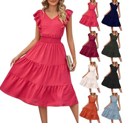 Damen Casual Sommerkleid Ärmellos Rüschen V-Ausschnitt Lockeres Langes Kleid Lockeres Langes Kleid