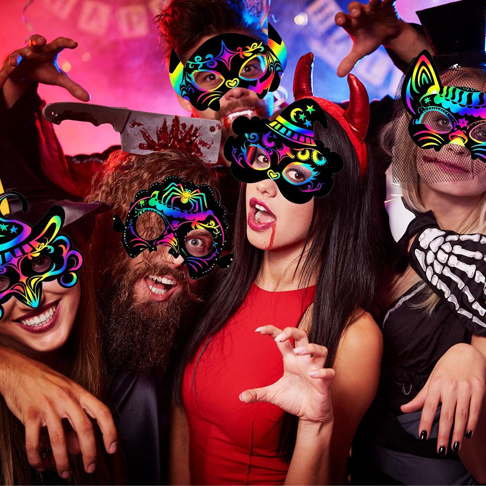 Vintage Halloween Mask Decor DIY Rainbow Scratch Paper Mask Photo Props for Cosplay Halloween Trick or Treat Birthday Party