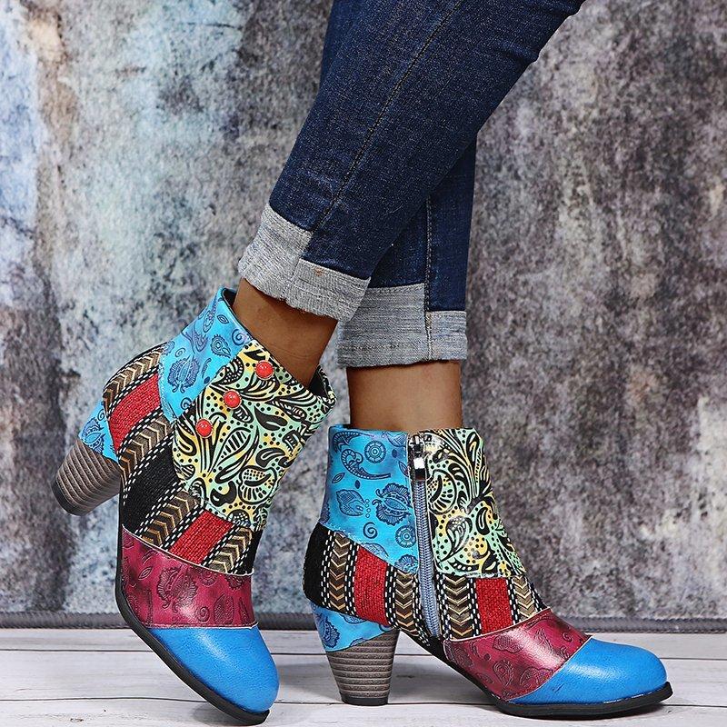 Fashion Vintage Leather Women Boots Bohemian New Female Retro Printed Buckle Soft Zipper Ankle Boots Women Botines Mujer Botas Feminino