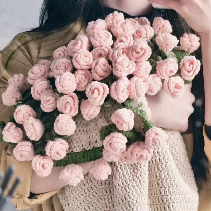 Crochet Bouquet Blanket DIY Rose Handmade Material Package Floral Woolen Ball Craft Kit Woven Artificial Home Decoration Gift