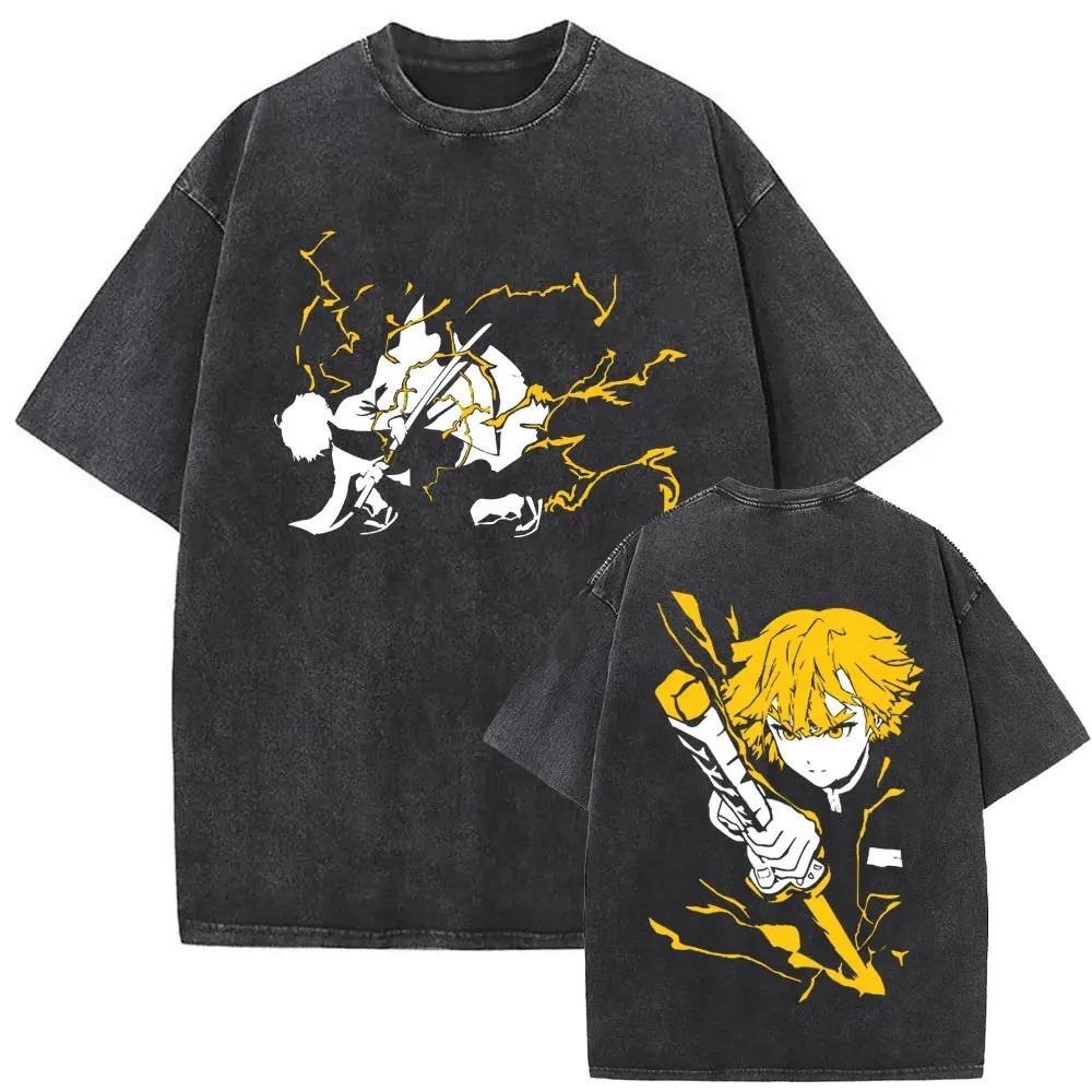 

Demon Slayer Agatsuma Zenitsu Print T Shirt Acid Washed Oversized Men Women Cotton Summer Short Sleeve Casual Loose Comfortable Female Male Clothing XXXL помаранчевий