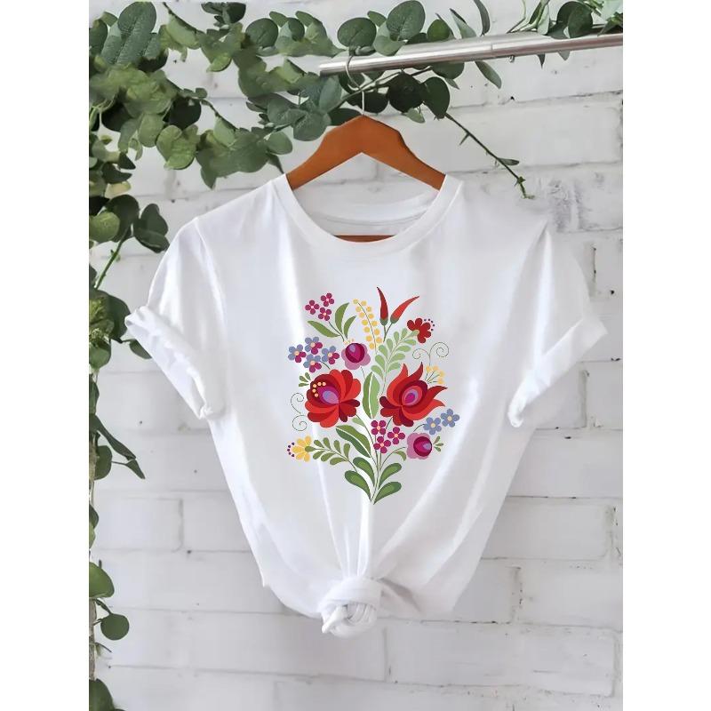 

Women s Casual Short-sleeve Round-neck T-shirt with Vibrant Floral Print - The Perfect Choice for Spring and Summer S белый