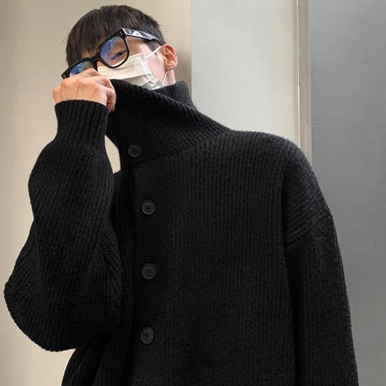 Podzim Zima Pánský Svetr Kardigan Vysoký Límec Ochrana Krku Pletený Silný Elastický Dlouhý Rukáv Volný Teplý Jednobarevný Pletený Oděv Denní Nošení Svetrový Kabát