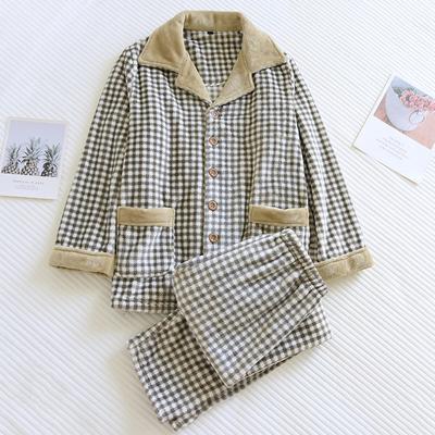 Autumn and Winter New Men's Thickened Flannel Pajamas Long-sleeved Trousers Two-piece Plaid Buttoned Home Service Suit Pajama