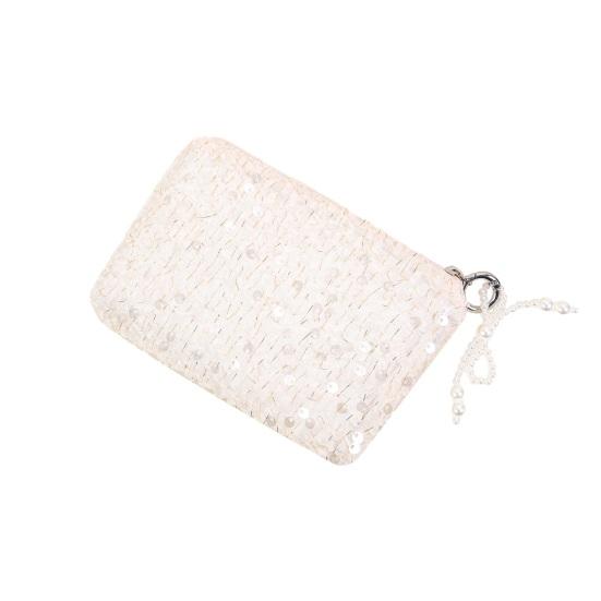Sequined Cosmetic Bag Girls Stylish Glittery Clutch Makeup Bag with Faux Pearl Bow Zipper Puller Portable Travel Toiletry Organizer for