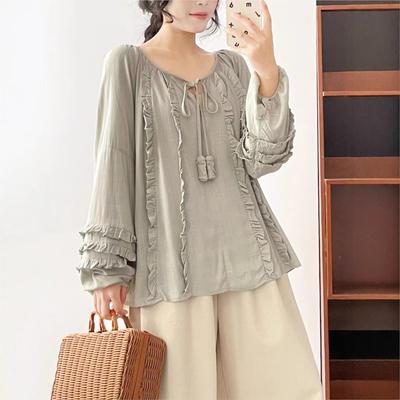 Loose Versatile Shirt Women Spring Summer O-neck Casual Simple Ruffles Women Blouses
