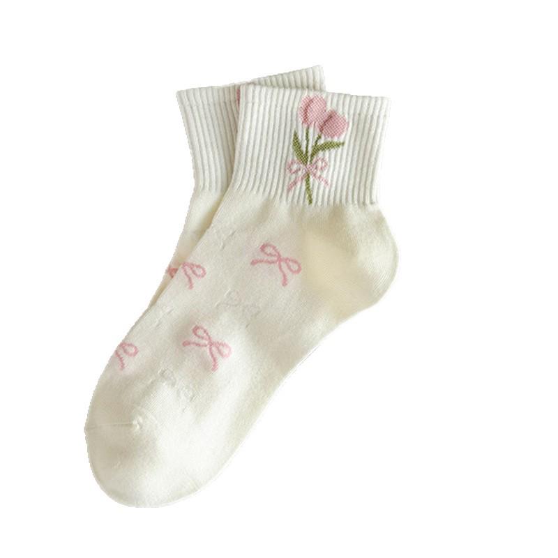 Women's Autumn/Winter Short Socks - Cute Japanese Style with Pink Flowers, Polka Dots & Bow, White Versatile Design